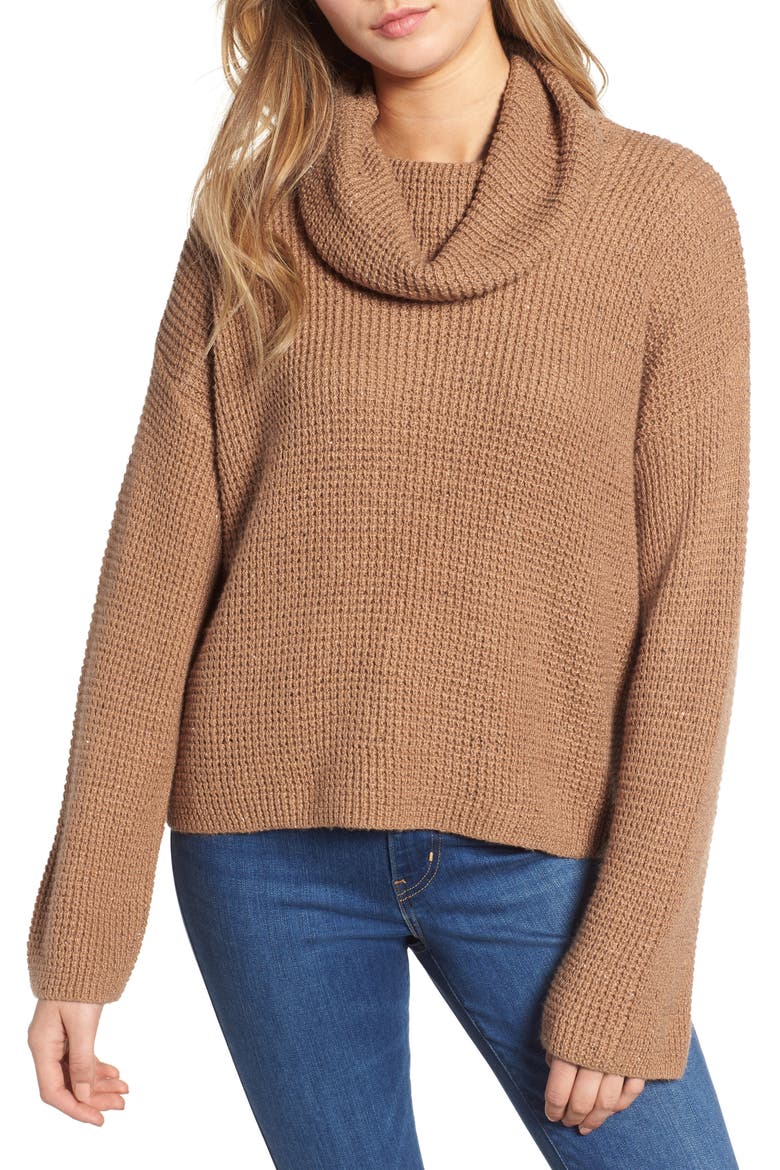Chunky Thermal Cowl Neck Sweater, Main, color, BROWN CATTAIL