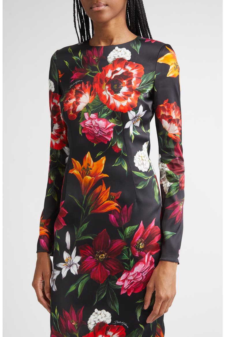 Floral Print Long Sleeve Satin Sheath Dress, Alternate, color, HN5PB ANEMONI GIGLI F.NERO