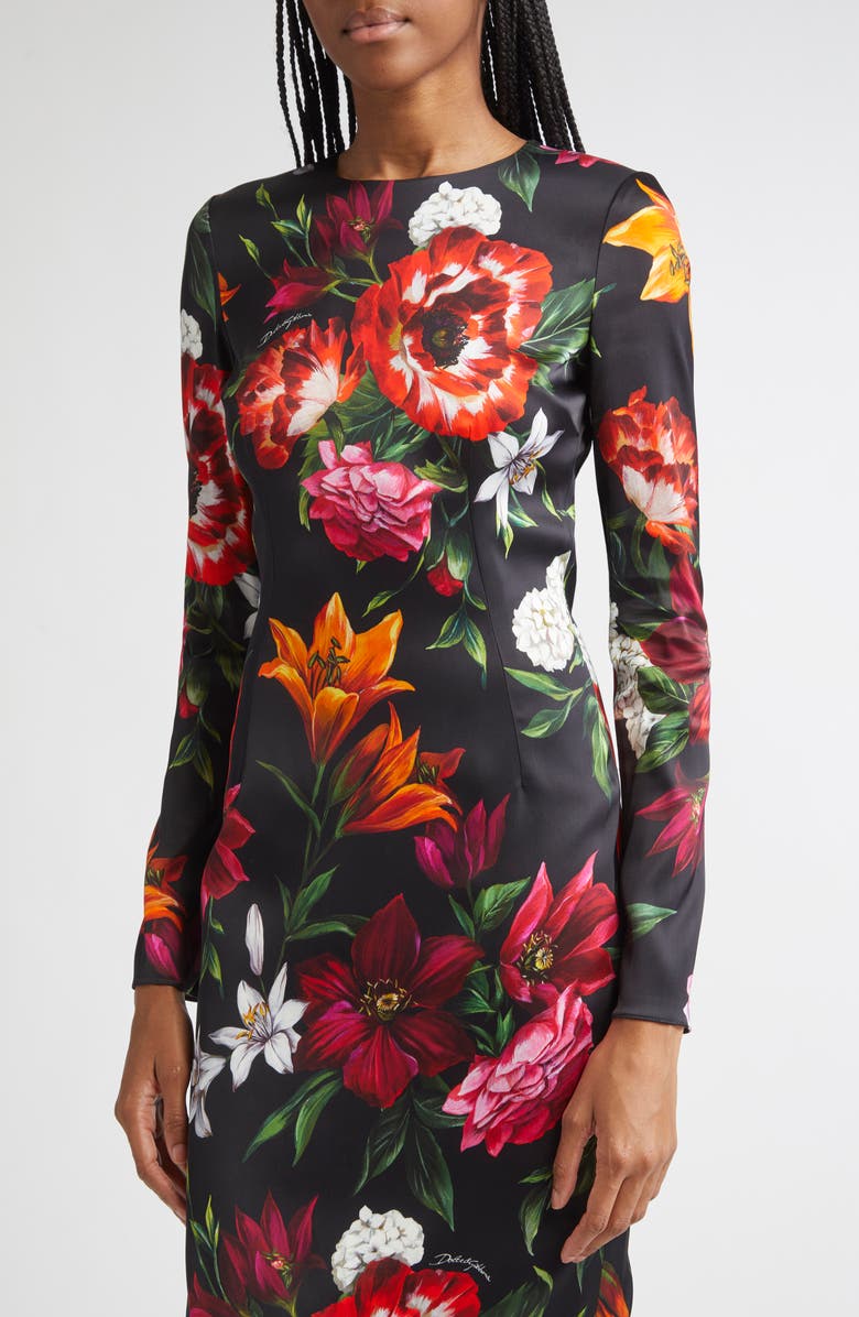 Dolce&Gabbana Floral Print Long Sleeve Satin Sheath Dress, Alternate, color, Hn5pb Anemoni Gigli F.nero