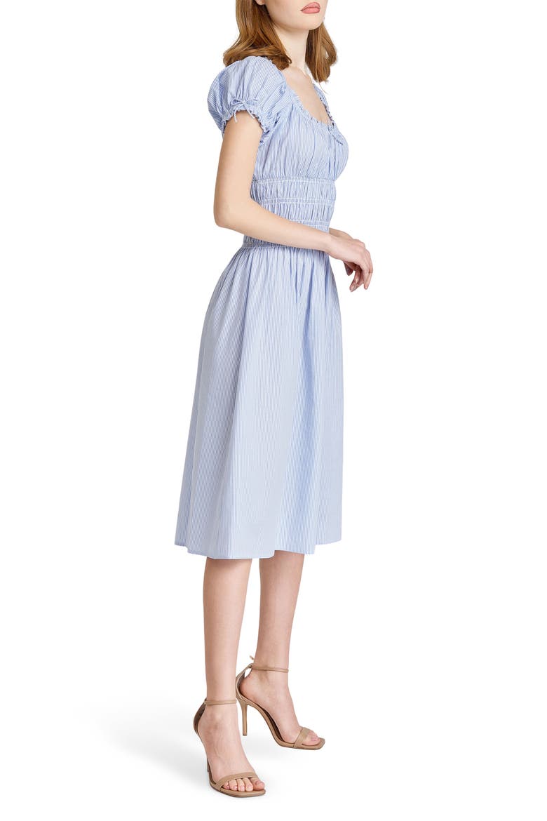 Adelina Stripe Shirred Cotton Midi Dress, Alternate, color, BLUE-IVORY STRIPE