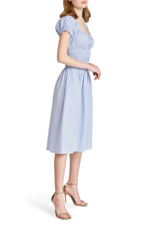 Wayf Adelina Stripe Shirred Cotton Midi Dress In Blue-ivory Stripe