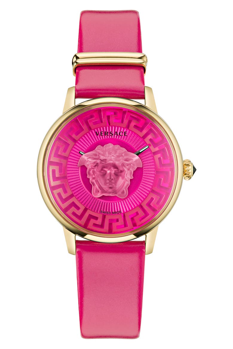 Medusa Alchemy Leather Strap Watch, 38mm, Main, color, IP YELLOW GOLD