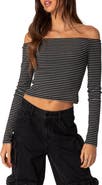 EDIKTED Canary Stripe Off the Shoulder Rib Crop Top