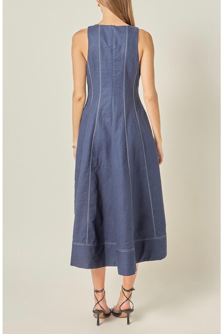 Stitch Detail Linen Midi Dress, Alternate, color, NAVY
