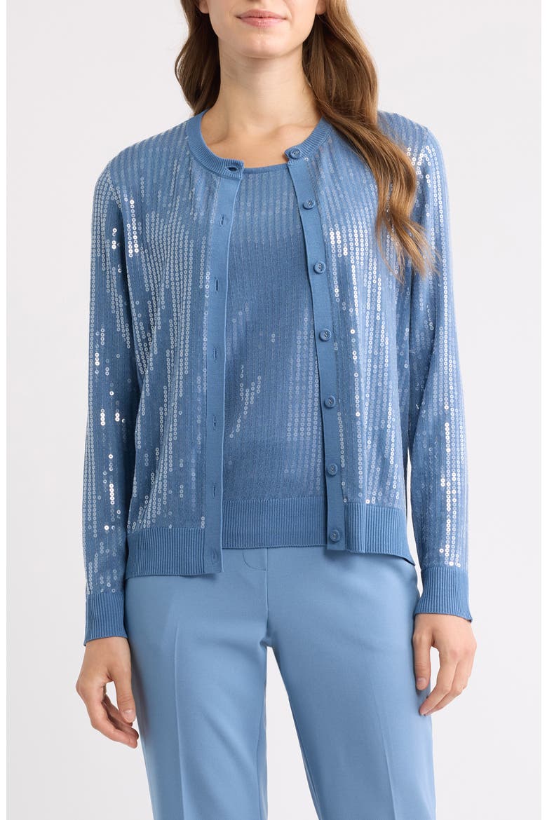 Sequin Metallic Stripe Crewneck Cardigan, Main, color, DUTCH BLUE