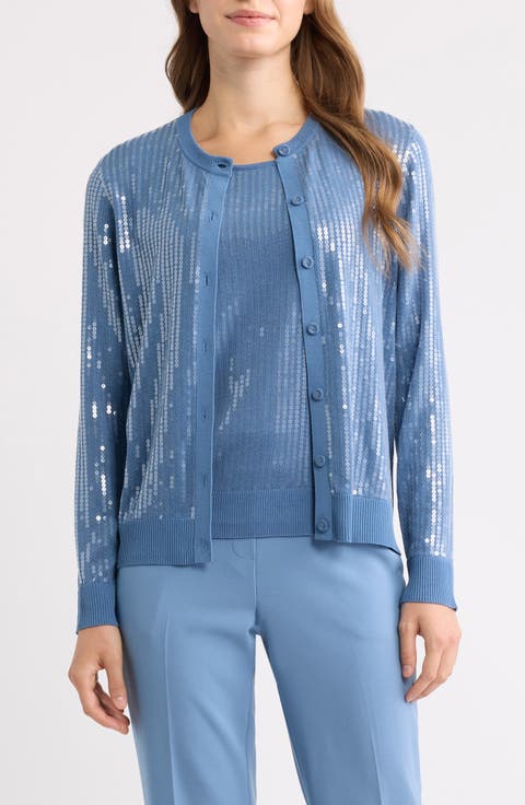 Sequin Metallic Stripe Crewneck Cardigan