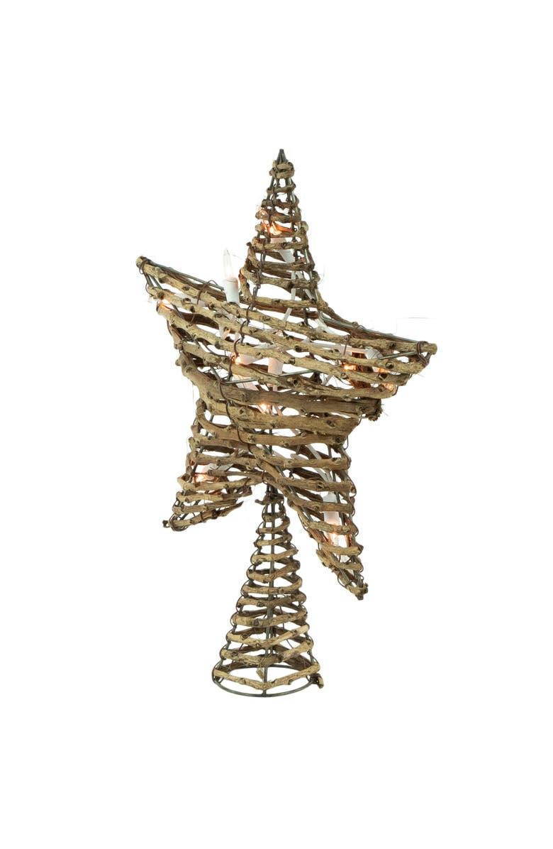 Northlight 11" Lighted Rattan Twigs Star Christmas Tree Topper- Clear Lights, White Wire, Alternate, color, Brown
