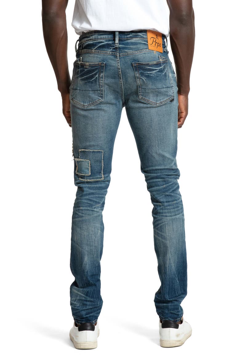 Sacred Patchwork Distressed Stretch Tapered Skinny Jeans, Alternate, color, INDIGO