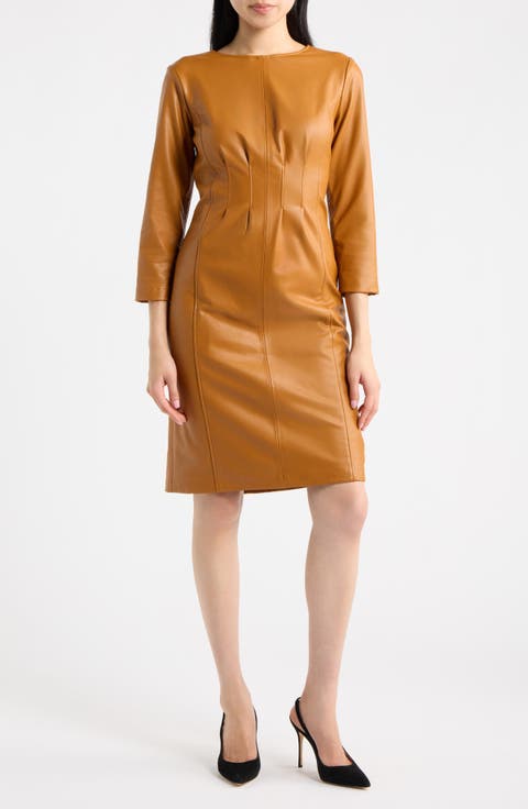 Pleated Waist Faux Leather Sheath Dress