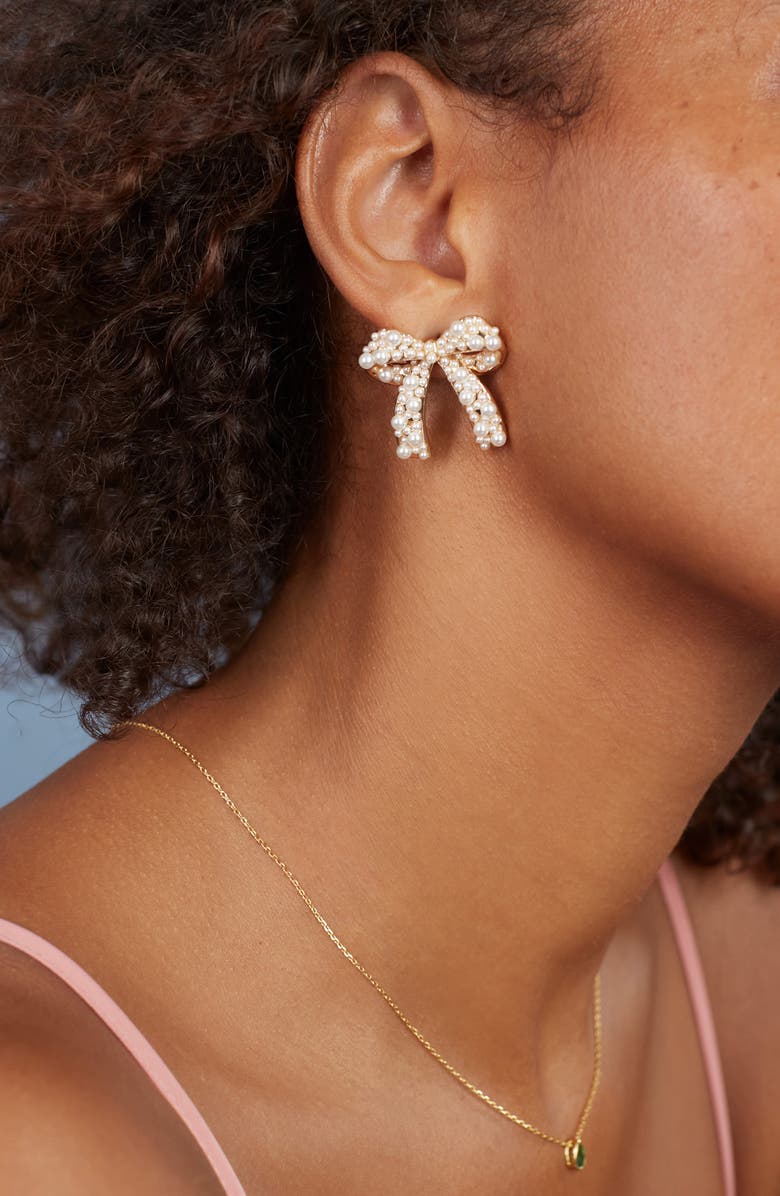 BaubleBar Bow Imitation Pearl Stud Earrings, Alternate, color, Pearl