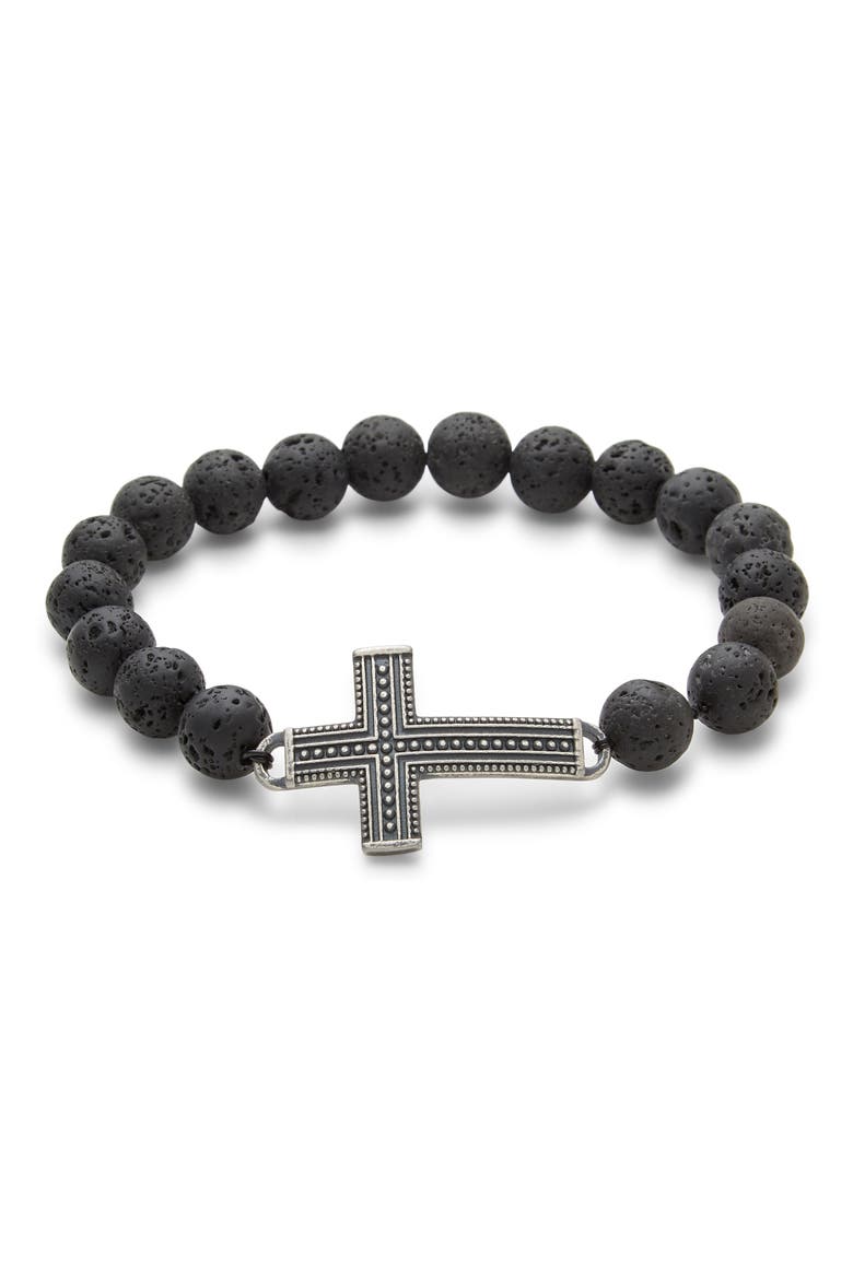 Men's Cross Lava Rock Beaded Bracelet, Main, color, BLACK