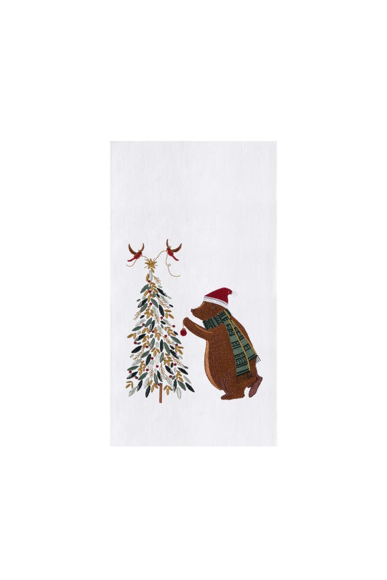 Bear and Birds Decor Christmas Tree Embroidered Towel, Main, color, Green