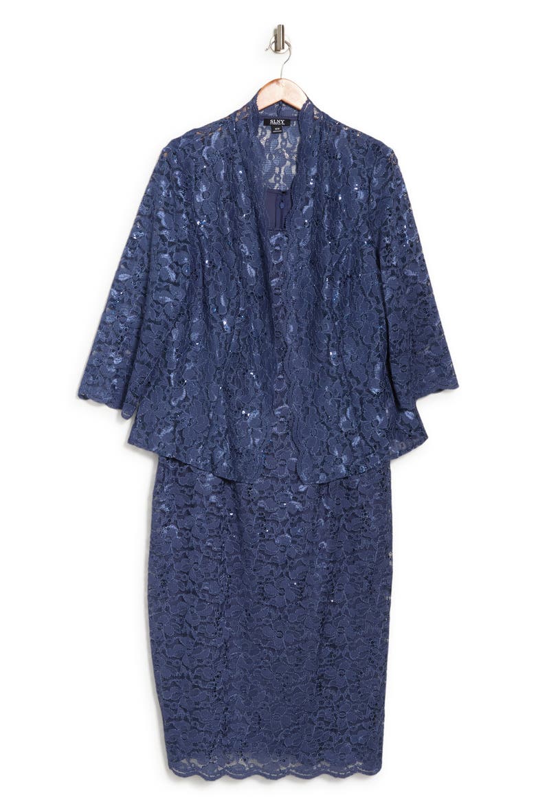 SLNY Floral Lace Sequin Cardigan & Dress Set, Alternate, color, WEDGEWOOD