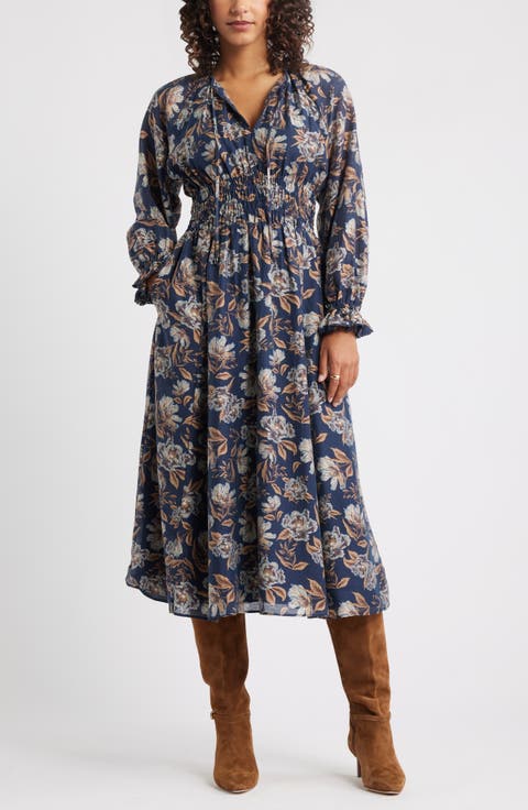 Long Sleeve Smocked Waist Midi Dress