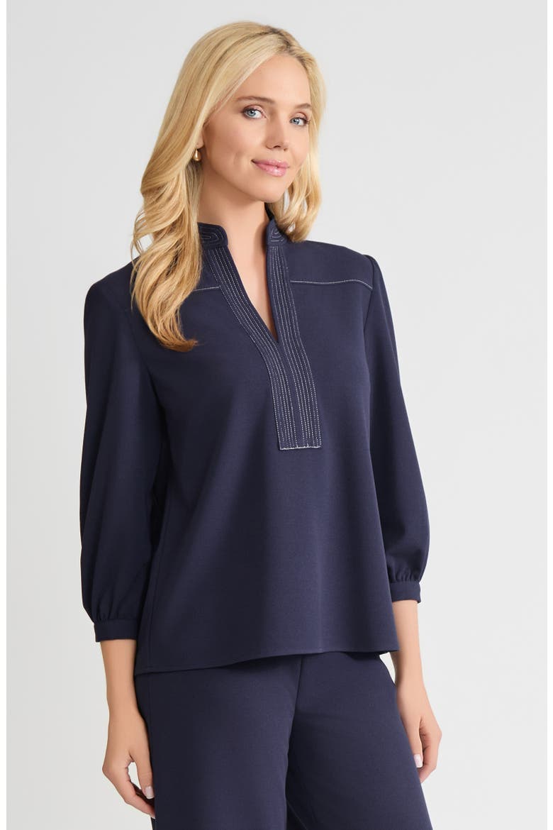 Stretch Deco Crepe Balloon Sleeve Blouse, Alternate, color, Indigo/White
