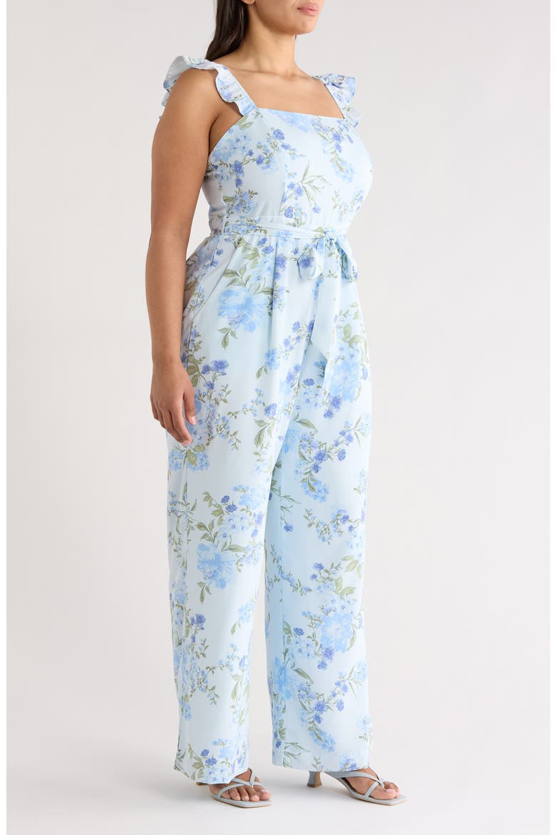 Dusty Floss Floral Flutter Sleeve Tie Belt Jumpsuit, Alternate, color, LIGHT-BLUE-MULTI