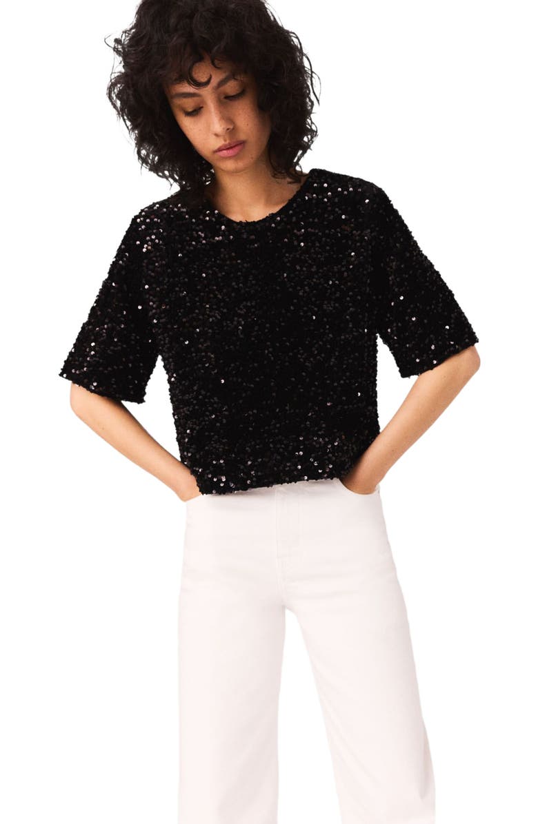 maje Sequinned velvet top, Alternate, color, Black