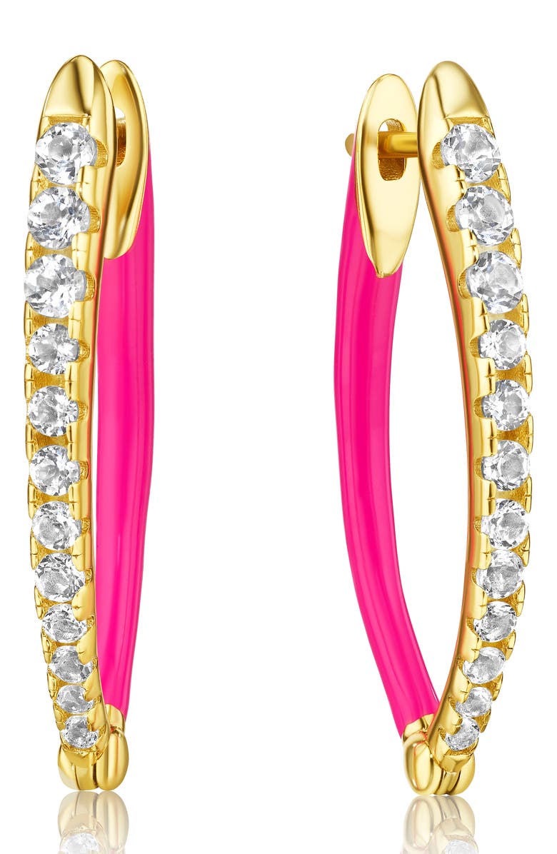 House of Frosted Lolly White Topaz & Pink Enamel Hoop Earrings, Main, color, Pink