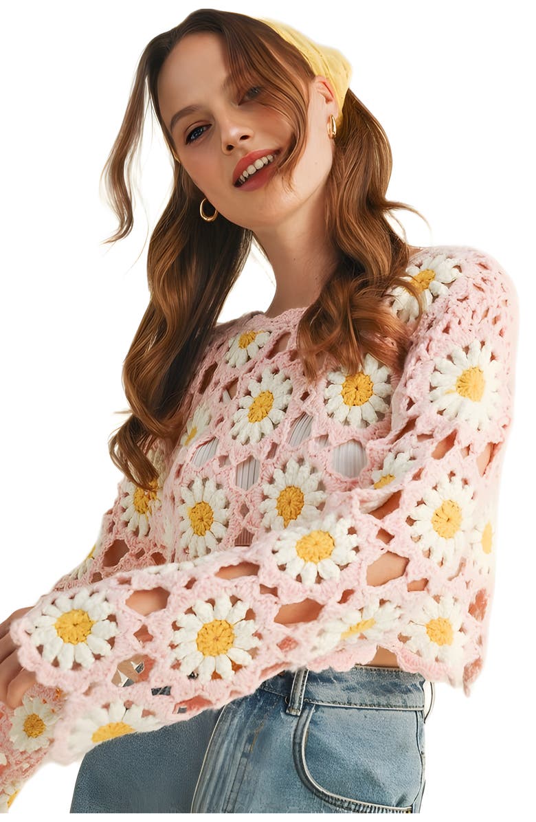 Knit and Lounge Crochet Daisy Bell Sleeve Top, Alternate, color,