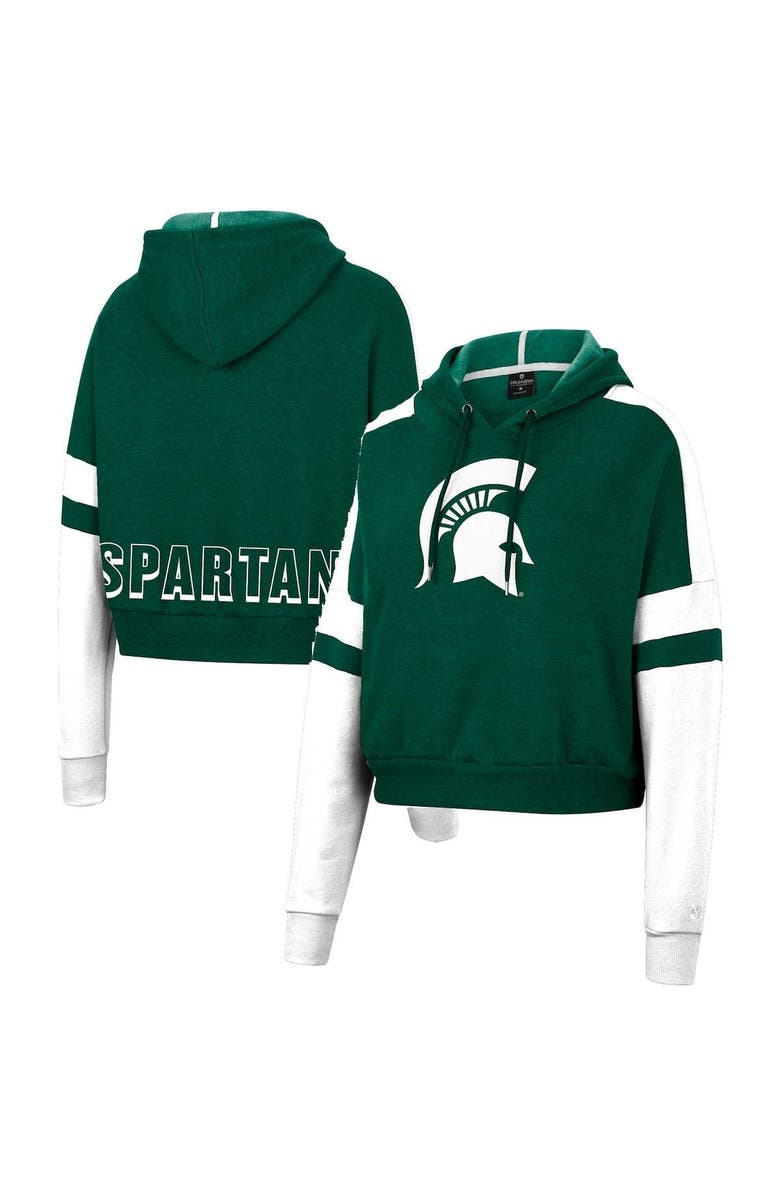 COLOSSEUM Women's Colosseum Heather Green Michigan State Spartans Throwback Stripe Arch Logo Cropped Pullover Hoodie, Main, color, 