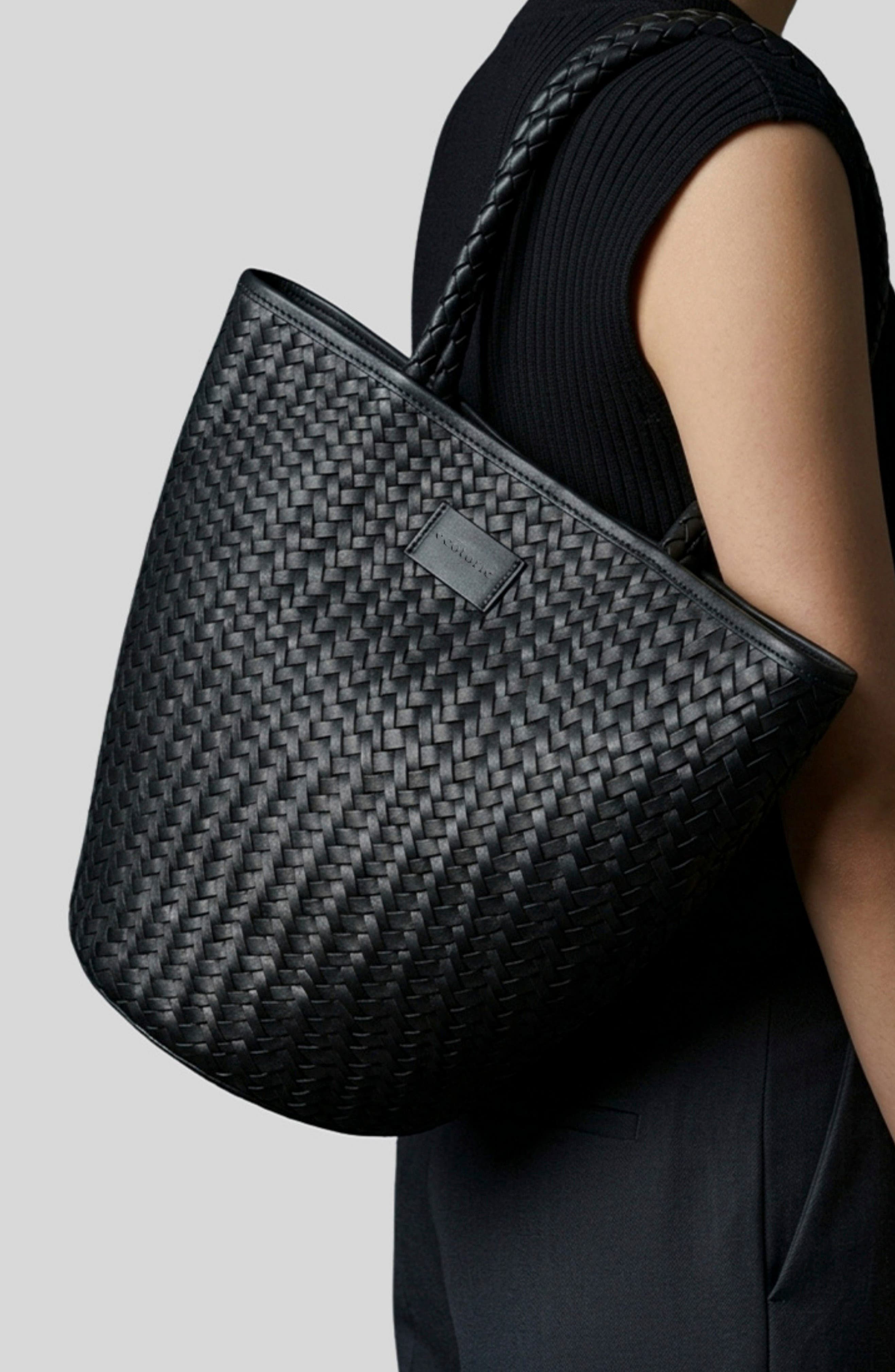 Arlington Woven Leather Bucket Bag, Alternate, color, BLACK