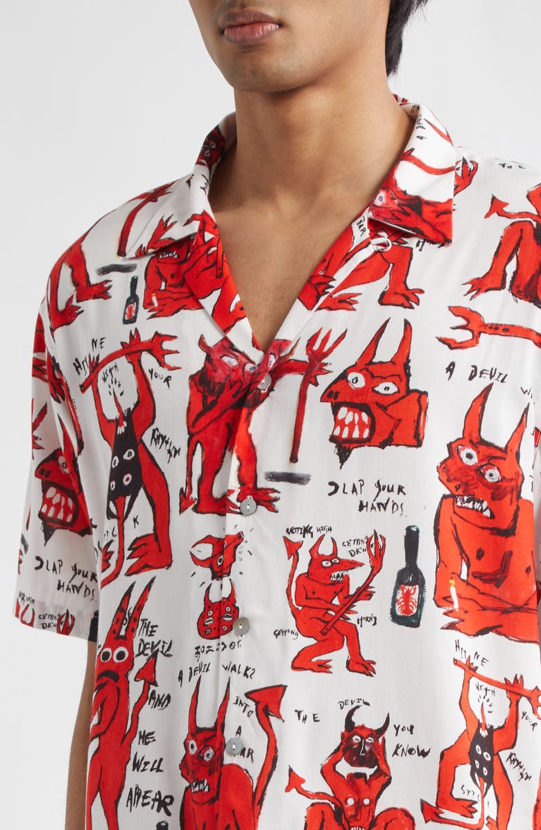 ENDLESS JOY Devil Print Lenzing<sup>™</sup> EcoVero<sup>™</sup> Viscose Button-Up Shirt, Alternate, color, White