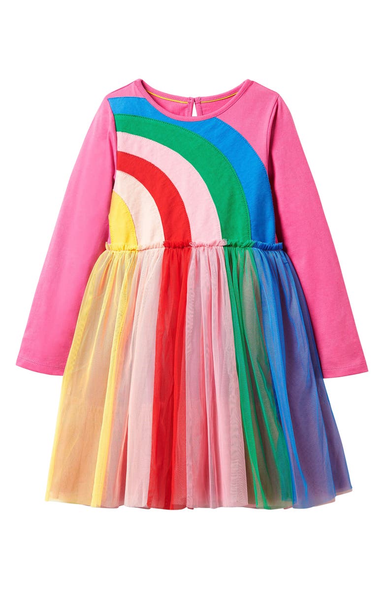 Mini Boden Kids' Long Sleeve Rainbow Tulle Dress, Main, color, 