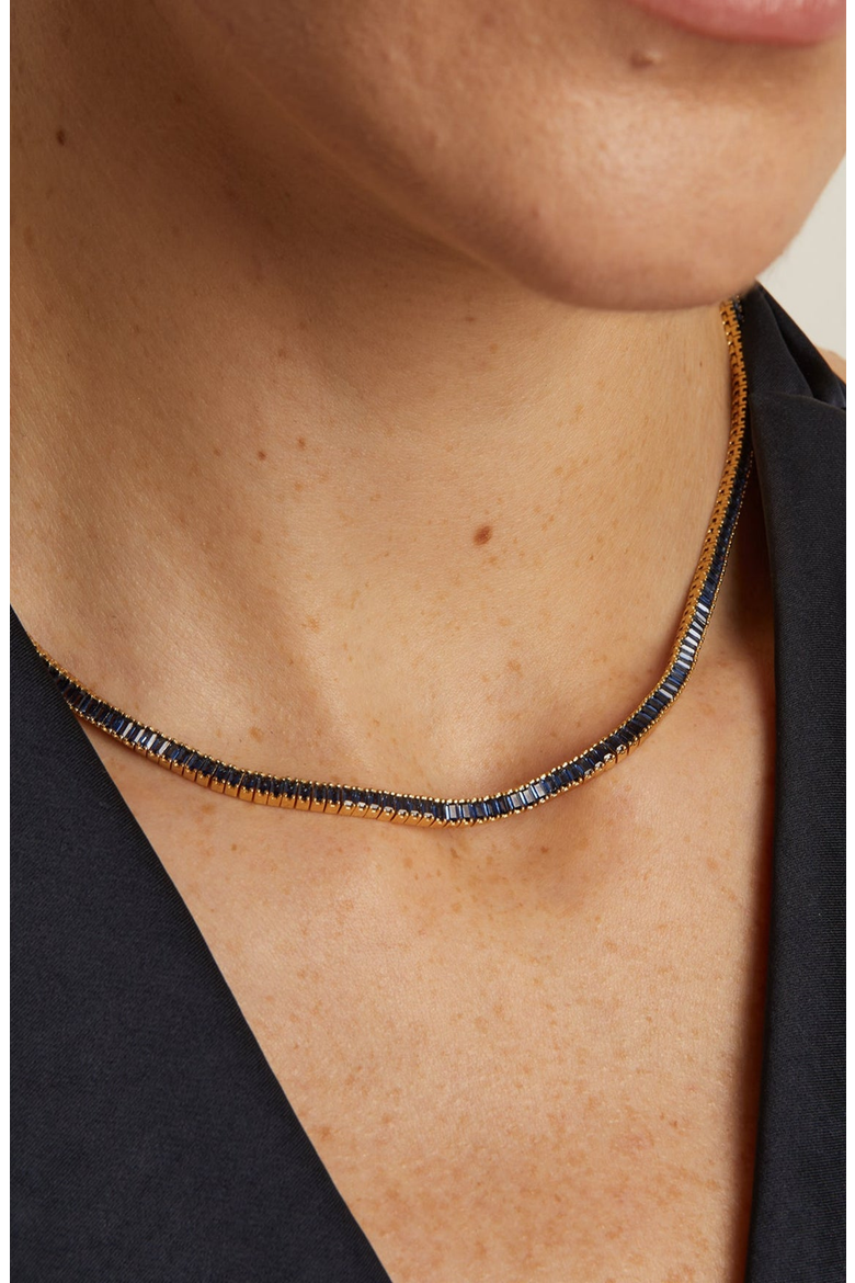 Lab Grown Blue Sapphire Baguette Tennis Necklace, Alternate, color, Yellow Gold Vermeil