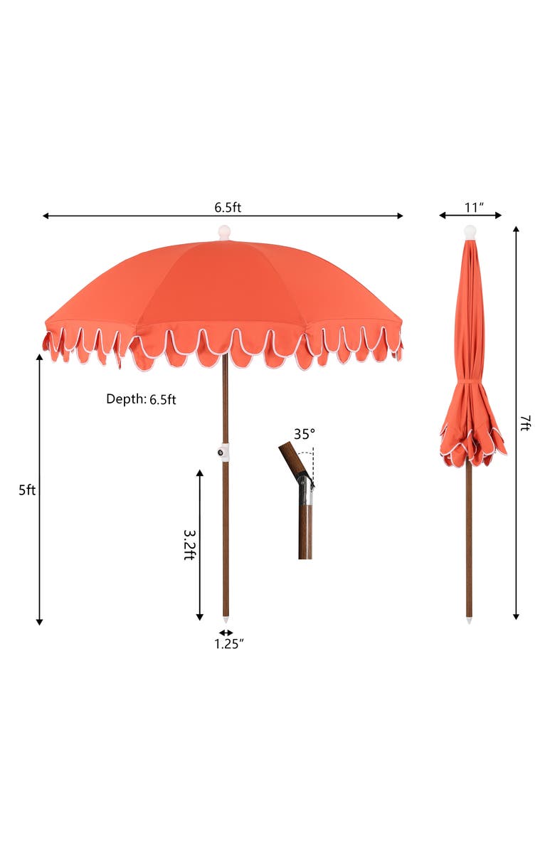 JONATHAN Y Horizon 6.5 ft. Classic MidCentury Scalloped Fringe Market Beach Umbrella with Push-Button Tilt, Alternate, color, Coral Red - Dark Brown Pole