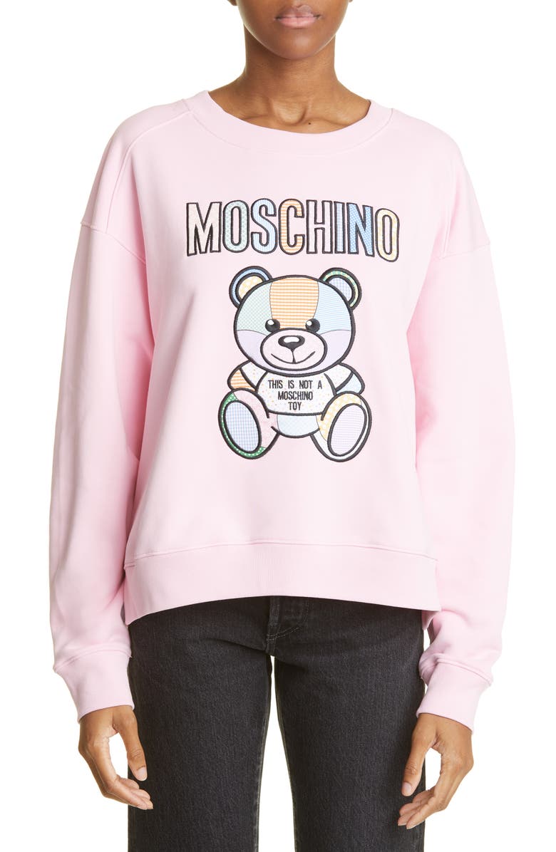 Moschino Patchwork Teddy Cotton Sweatshirt, Main, color, 