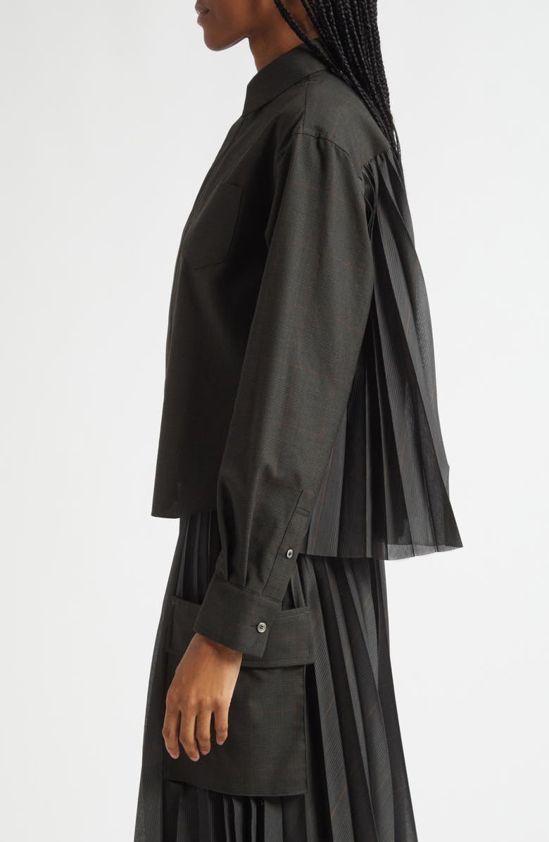 Sacai Glen Check Mixed Media Button-Up Shirt, Alternate, color, Black/ Khaki