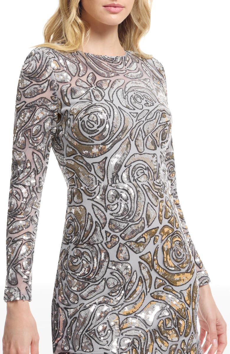 Dress the Population Stassi Floral Sequin Long Sleeve Cocktail Minidress, Alternate, color, Silver Multi