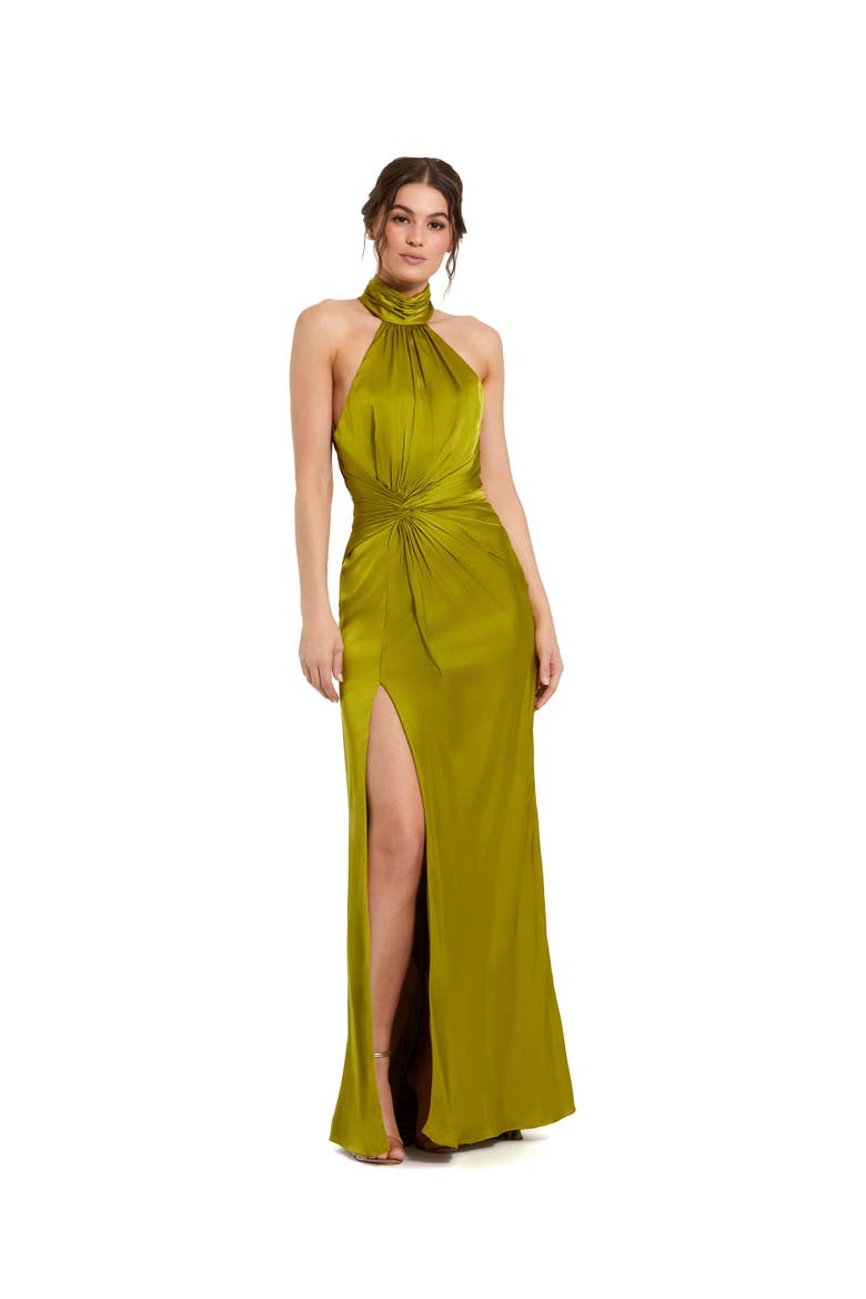 Petite Open Back High Neck Side Ruched Gown, Main, color, Olive