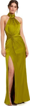 Mac Duggal Petite Open Back High Neck Side Ruched Gown