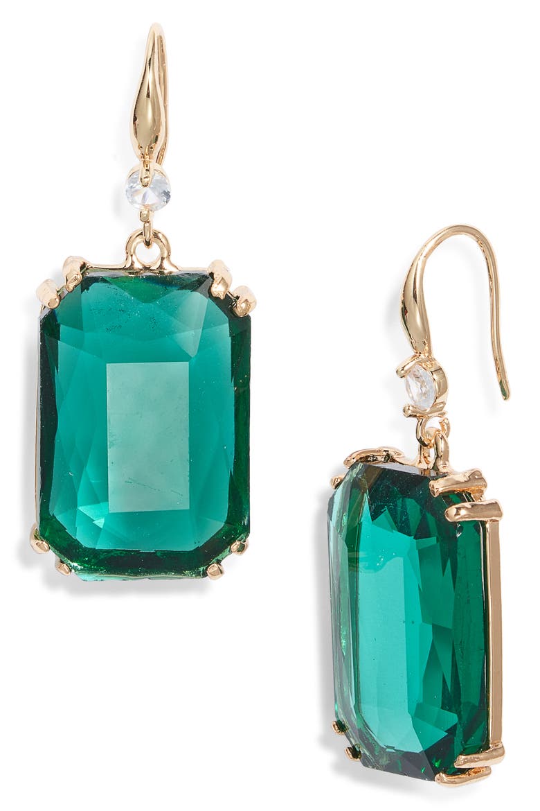 Soft Square Crystal Drop Earrings, Main, color, CLEAR-EMERALD-GOLD