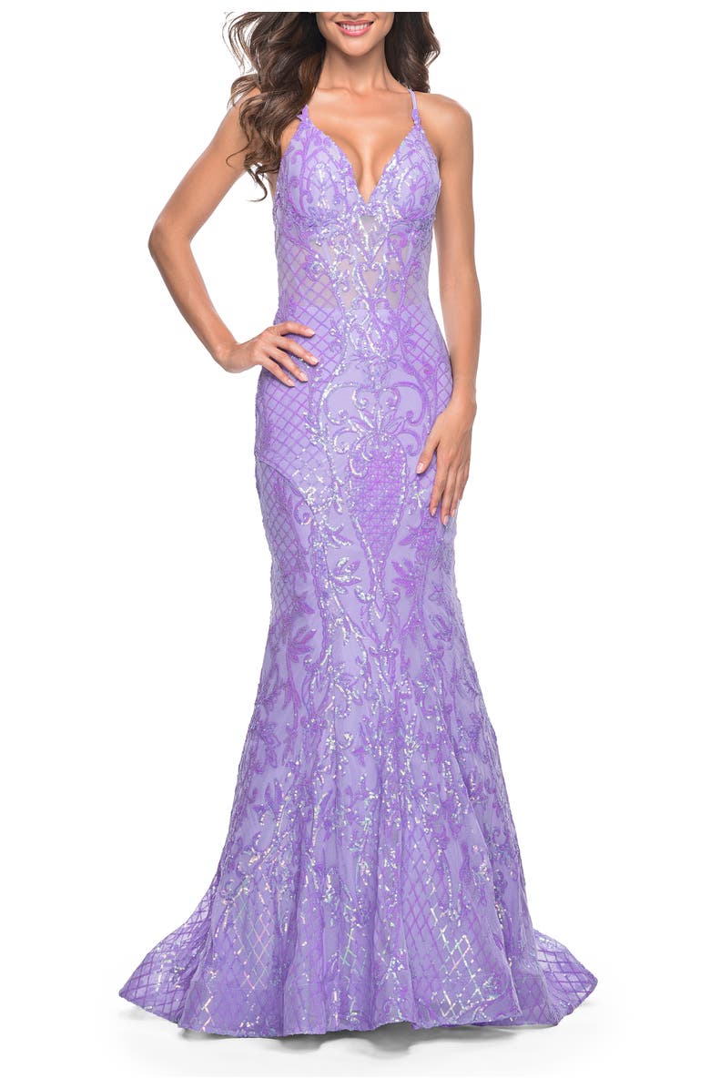 La Femme Neon Mermaid Print Sequin Dress with Lace Up Open Back, Main, color, Lavender