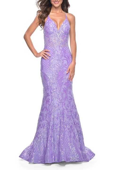 Neon Mermaid Print Sequin Dress with Lace Up Open Back