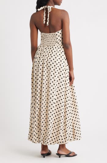 Spotty Halter Neck Linen Blend Fit & Flare Dress