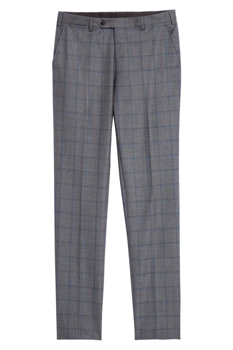 Flat Front Windowpane Wool Dress Pants, Alternate, color, GREY