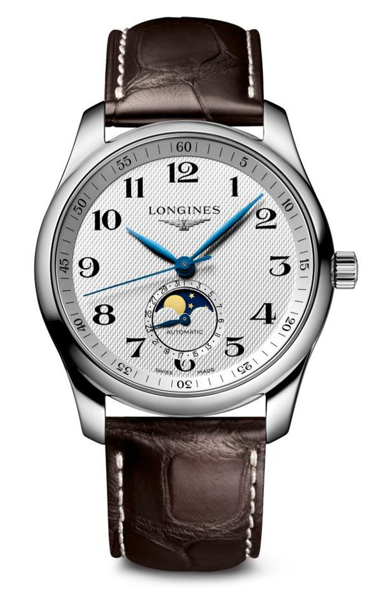 Master Collection Moon Phase Leather Strap Automatic Watch, 40mm, Main, color, WHITE