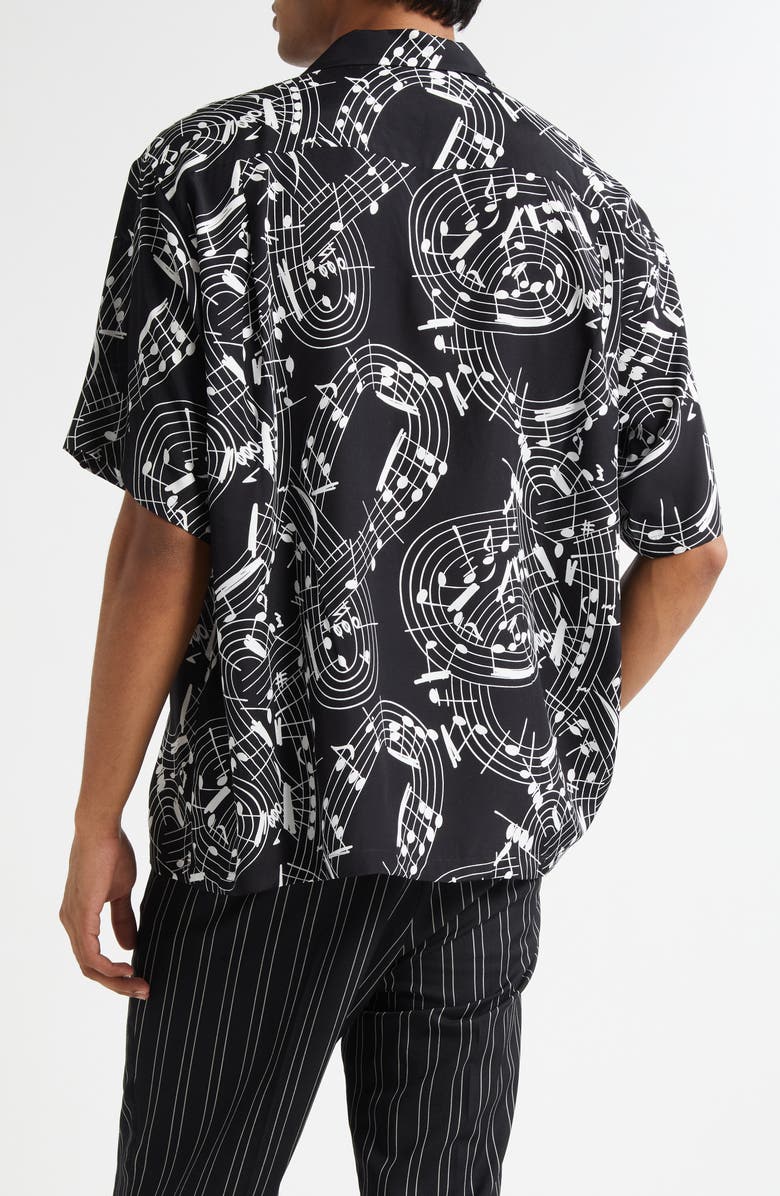 TAKAHIROMIYASHITA TheSoloist. Music Note Print Camp Shirt, Alternate, color, Black X White