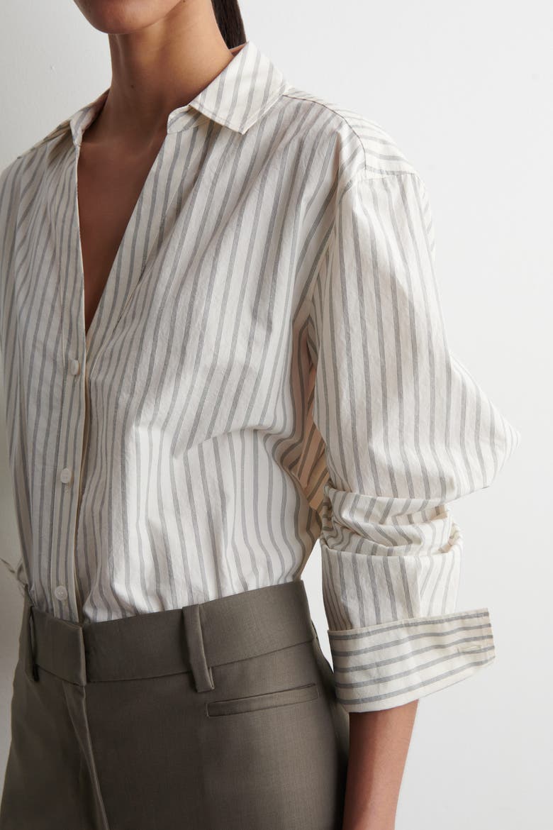Open-Collar Cotton-Poplin Shirt, Alternate, color, BEIGE / STRIPED