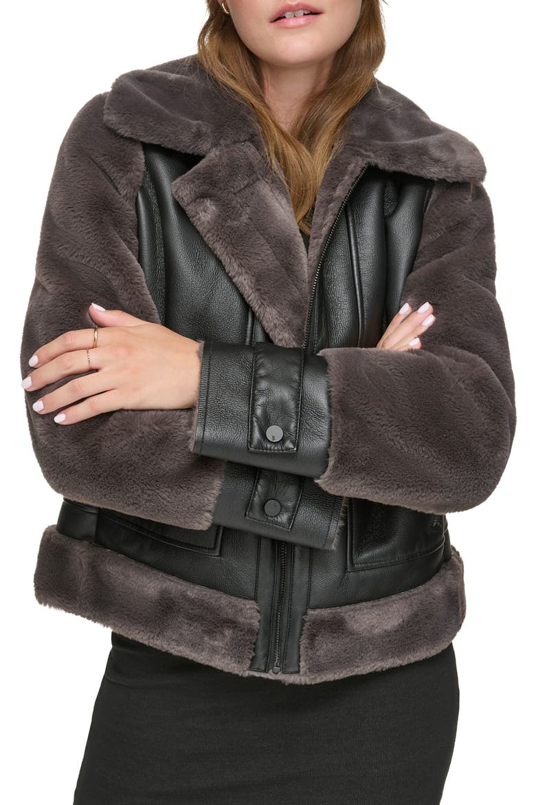 Faux Fur Trim Faux Leather Aviator Jacket, Alternate, color, PEPPERCORN