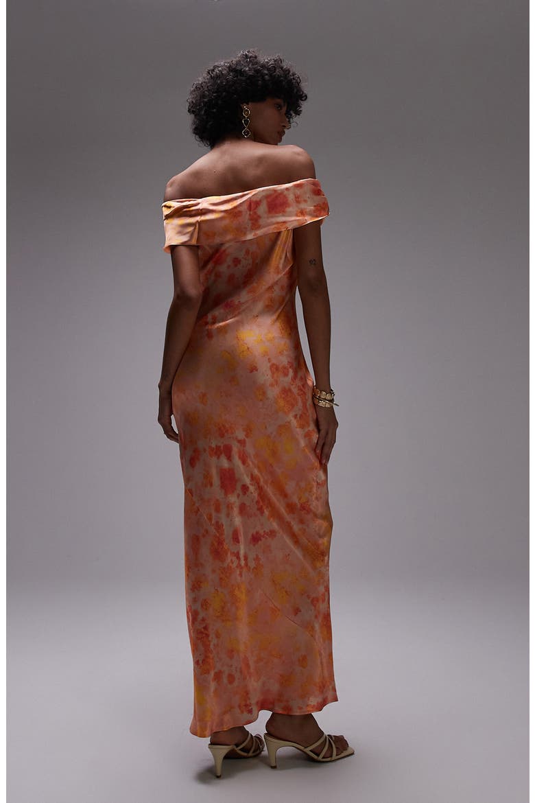 Abstract Print Off the Shoulder Satin Maxi Dress, Alternate, color, ORANGE