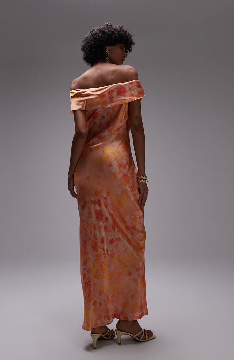 Topshop Abstract Print Off the Shoulder Satin Maxi Dress, Alternate, color, Orange
