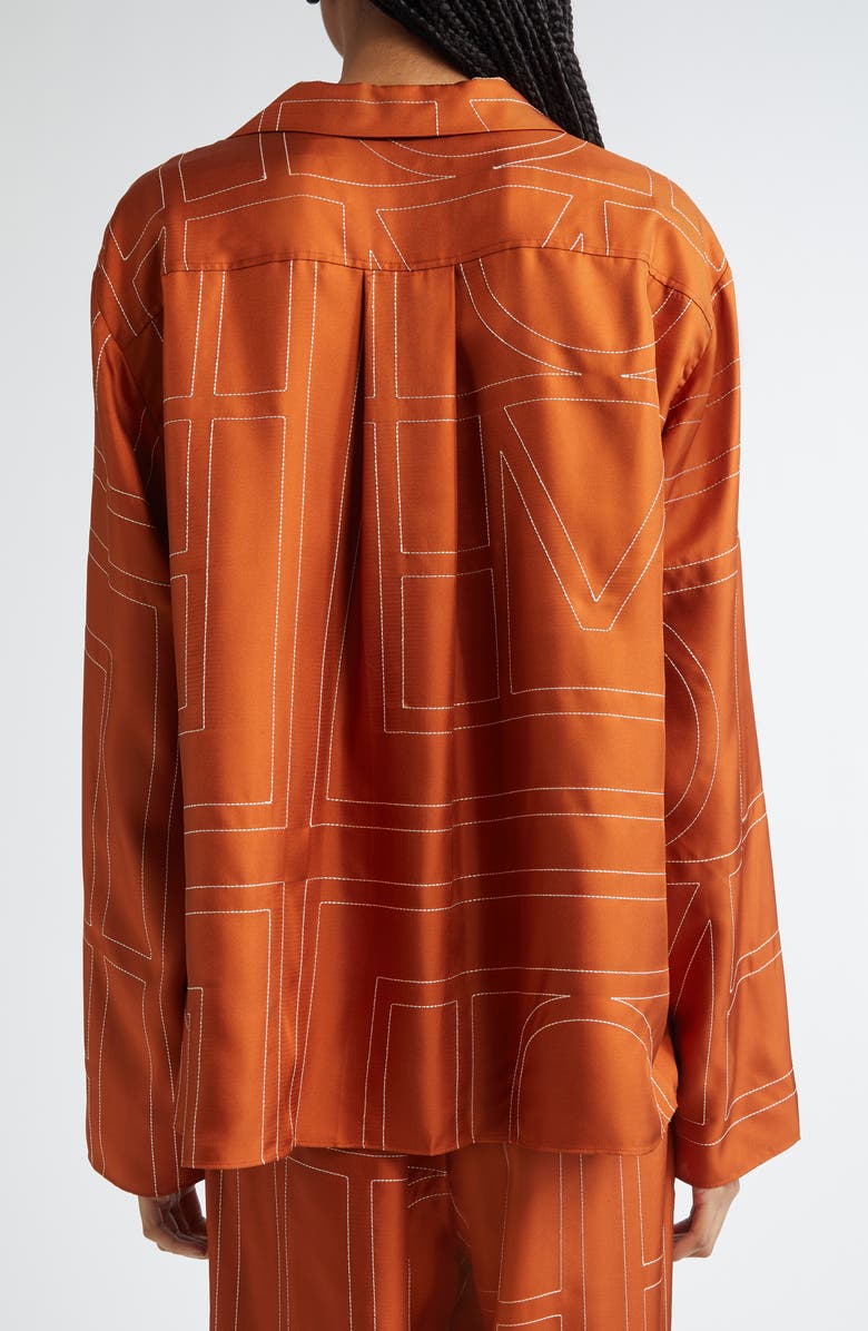 TOTEME Monogram Embroidered Silk Button-Up Shirt, Alternate, color, Terracotta