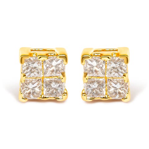 14K Yellow Gold 1/4 Ct Invisible Princess Square Stud Earring