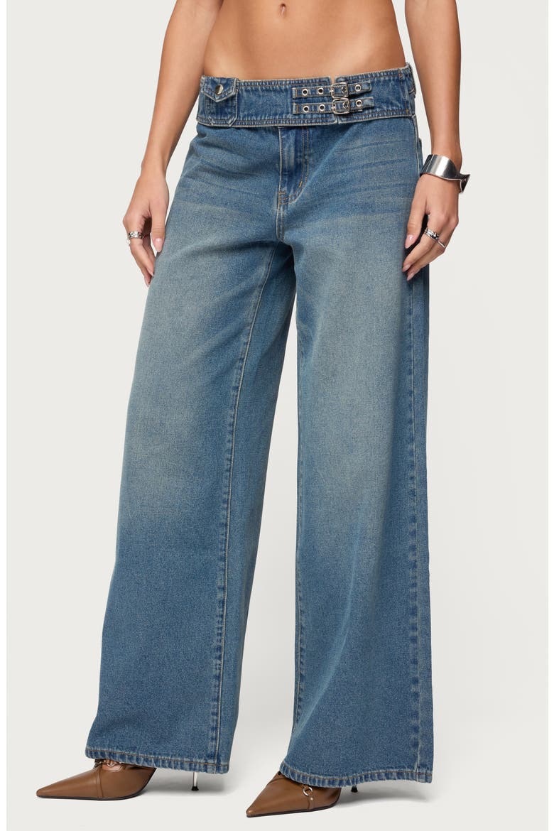 Double Buckle Low Rise Wide Leg Jeans, Alternate, color, BLUE