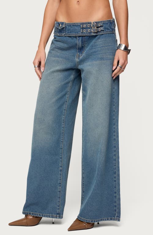 Edikted Double Buckle Low Rise Wide Leg Jeans In Blue