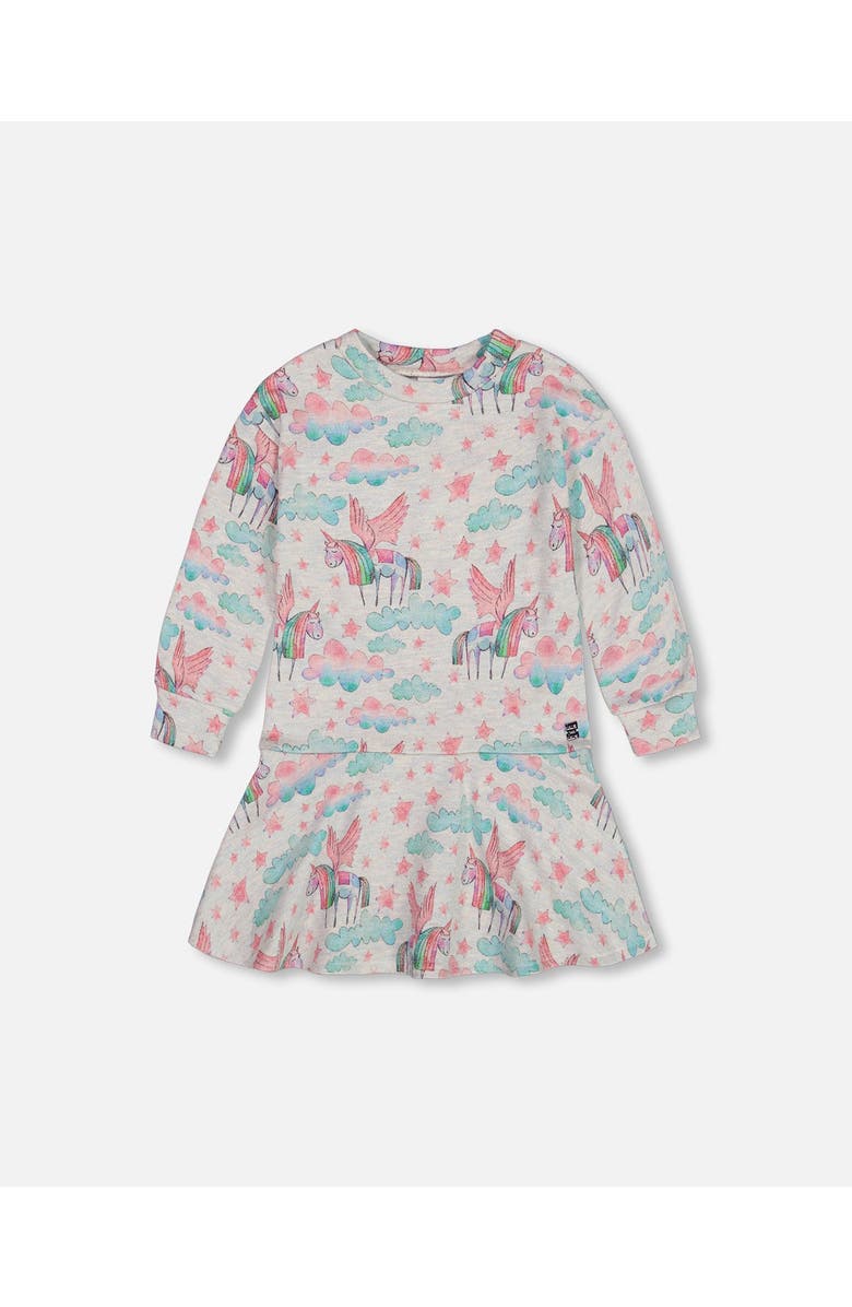 Deux par Deux Girl's Printed Shiny French Terry Dress Gray Mix Printed Unicorn, Main, color, 